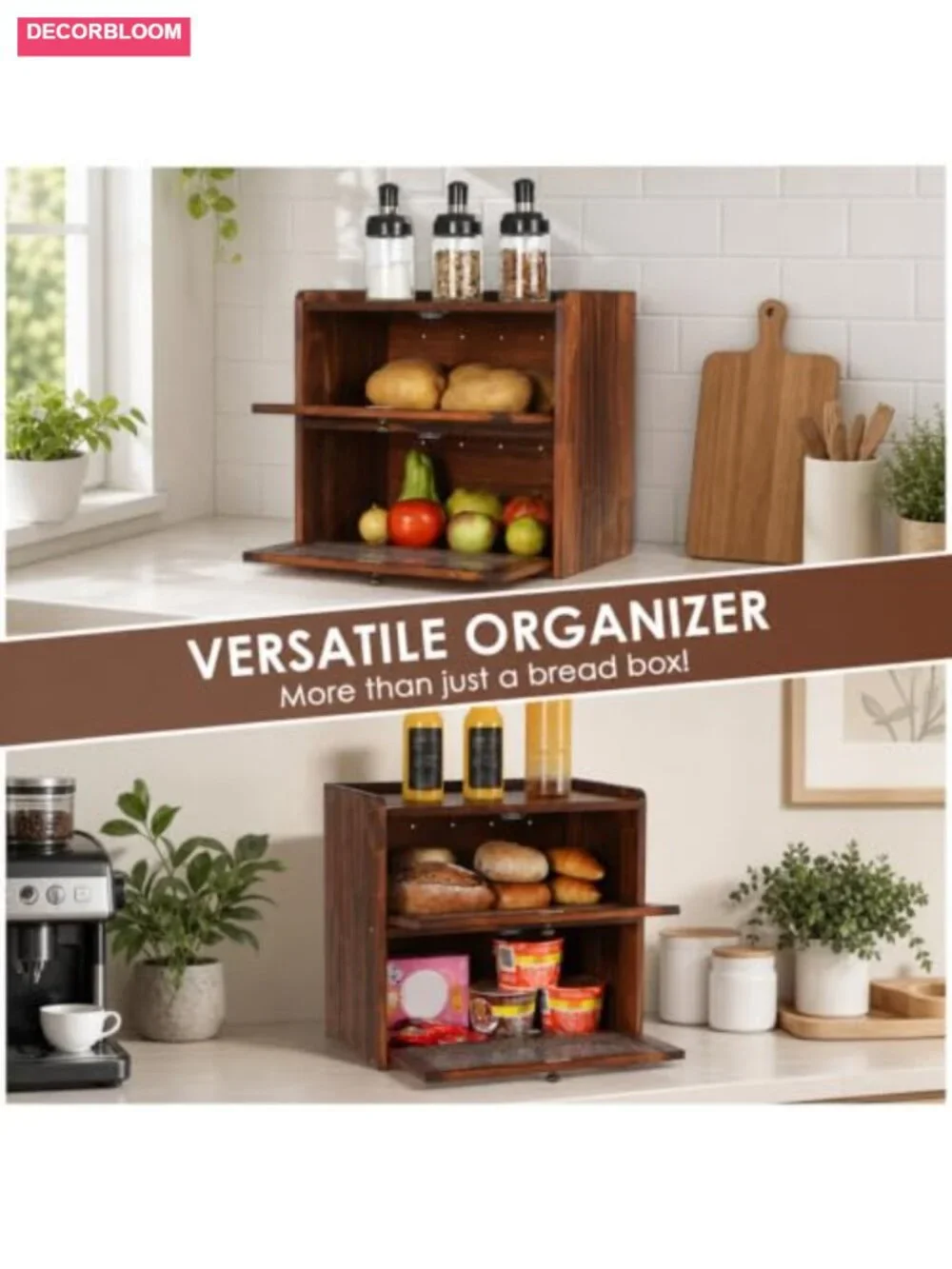 Large Pine Wood Bread Box with Magnetic Doors and Air Vents